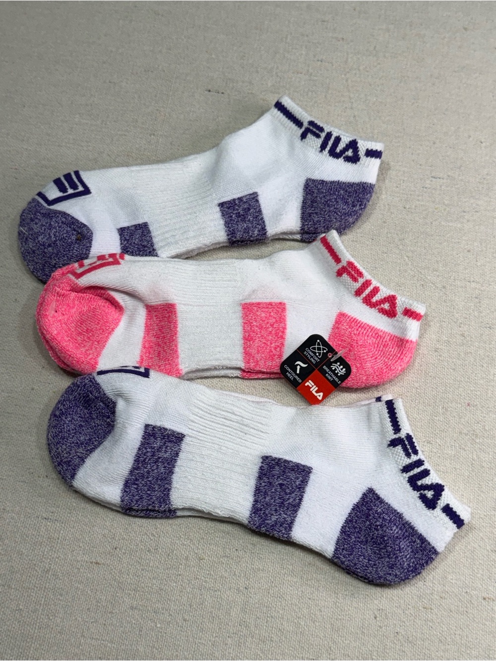 Fila White Low-Cut Socks with Pink and Purple Accents - 3 Pack - NWT